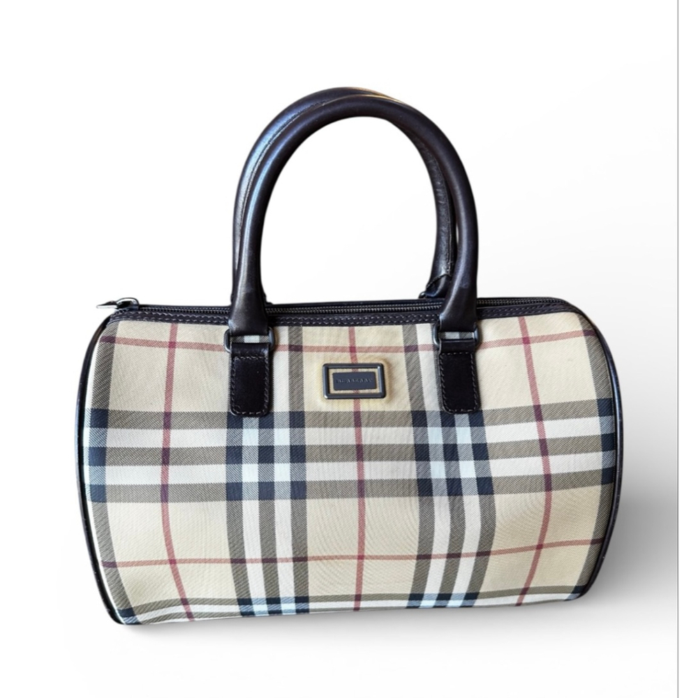 Burberry Beige Brown Plaid Coated Canvas & Leather Satchel
